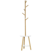 2-in-1 Bamboo Coat Stand Tree with 2 Shelves 5 Hooks for Clothes Bags and Aluminum Frame for Entryway Bedroom 39.5x39.5x171 cm Natural