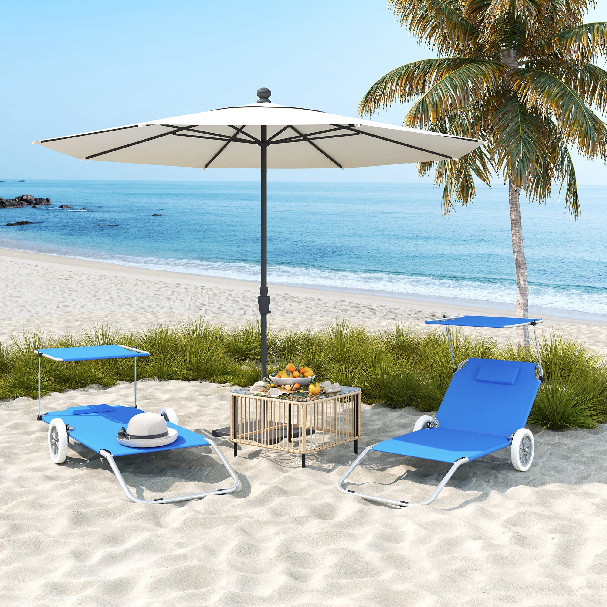 2-Piece Folding Sun Lounger Beach Chairs with Adjustable Backrest Head Pillow Canopy Wheels Light Portable Beach Mat Lounge Chair Outdoor Lounger for Garden, Pool 148 x 62cm