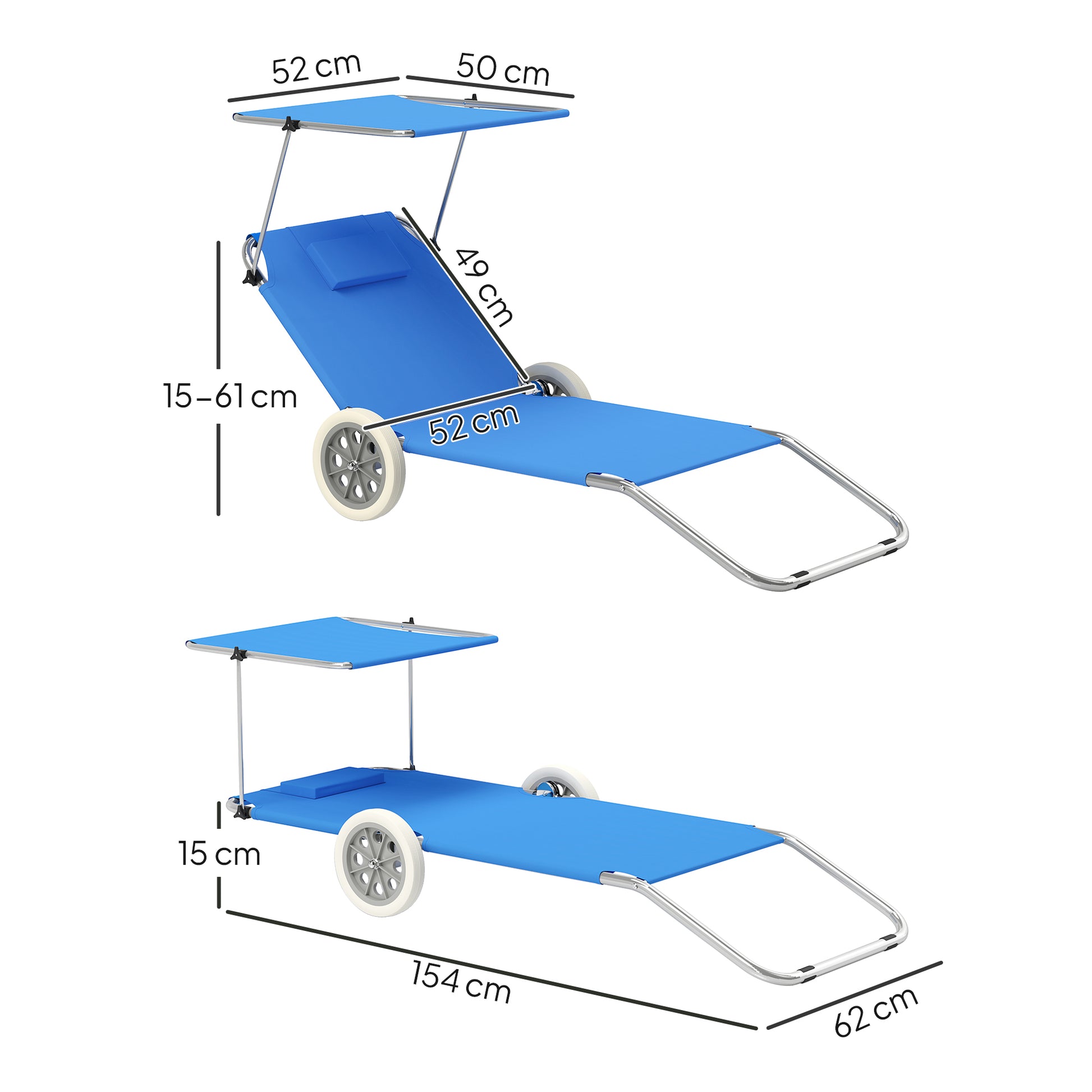 2-Piece Folding Sun Lounger Beach Chairs with Adjustable Backrest Head Pillow Canopy Wheels Light Portable Beach Mat Lounge Chair Outdoor Lounger for Garden, Pool 148 x 62cm