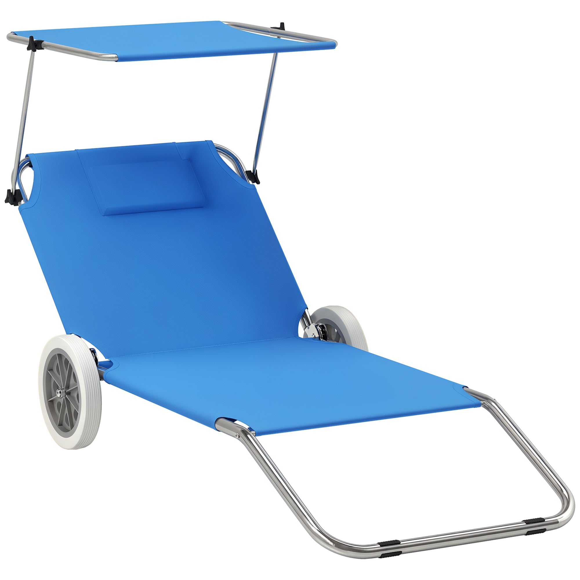 2-Piece Folding Sun Lounger Beach Chairs with Adjustable Backrest Head Pillow Canopy Wheels Light Portable Beach Mat Lounge Chair Outdoor Lounger for Garden, Pool 148 x 62cm