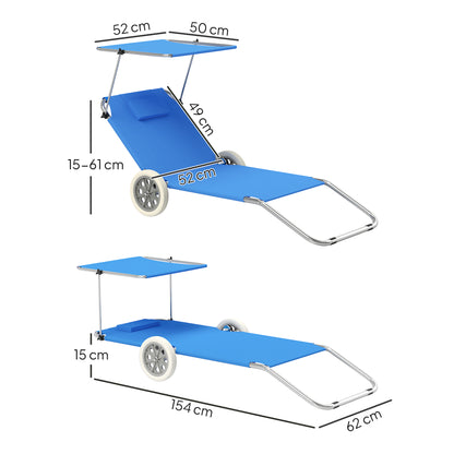 2-Piece Folding Sun Lounger Beach Chairs with Adjustable Backrest Head Pillow Canopy Wheels Light Portable Beach Mat Lounge Chair Outdoor Lounger for Garden, Pool 148 x 62cm