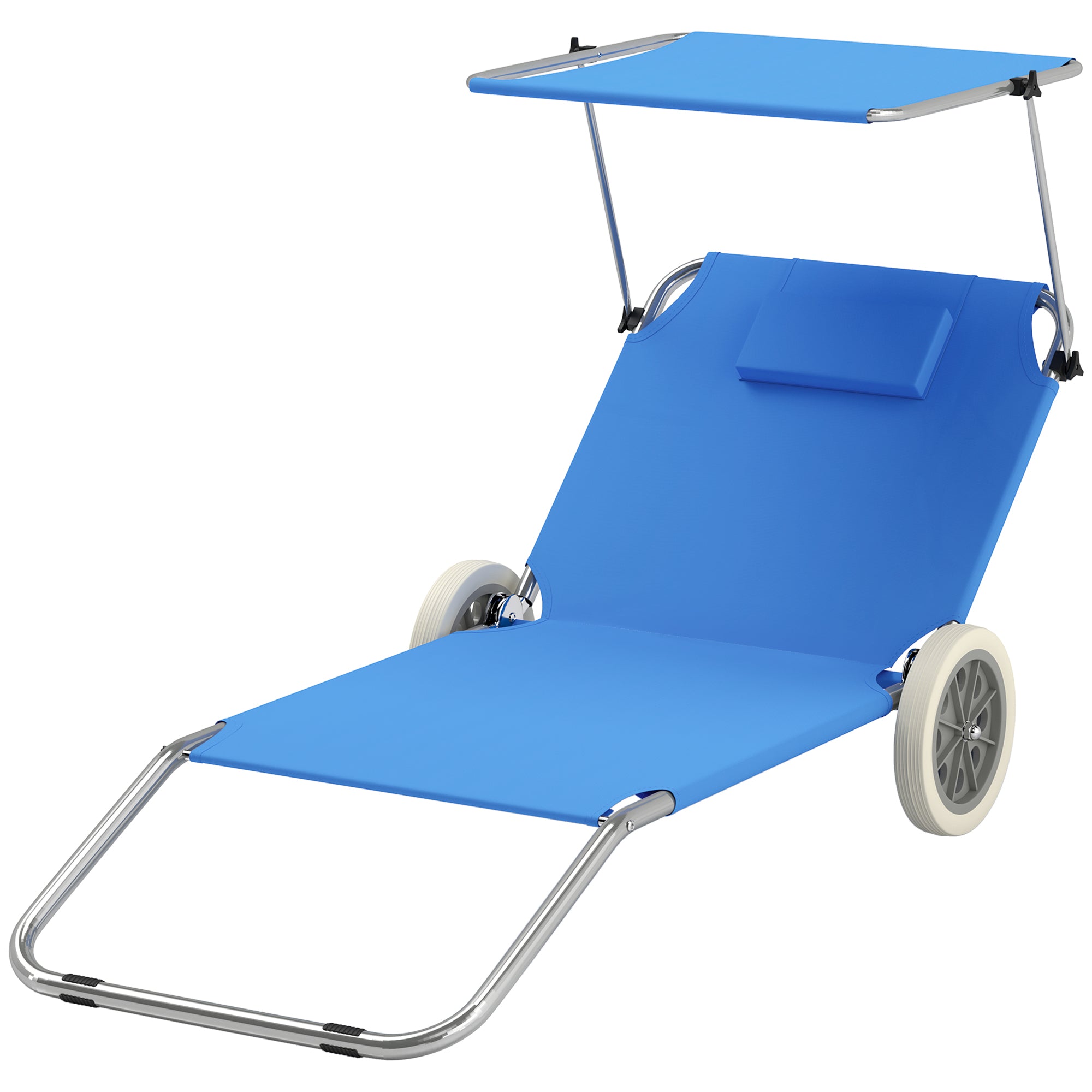 2-Piece Folding Sun Lounger Beach Chairs with Adjustable Backrest Head Pillow Canopy Wheels Light Portable Beach Mat Lounge Chair Outdoor Lounger for Garden, Pool 148 x 62cm