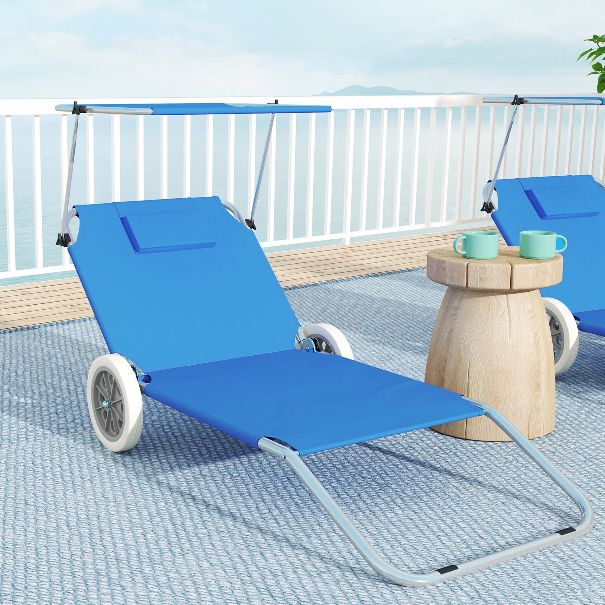 2-Piece Folding Sun Lounger Beach Chairs with Adjustable Backrest Head Pillow Canopy Wheels Light Portable Beach Mat Lounge Chair Outdoor Lounger for Garden, Pool 148 x 62cm
