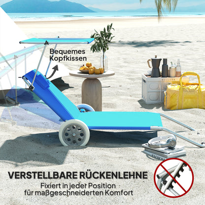 2-Piece Folding Sun Lounger Beach Chairs with Adjustable Backrest Head Pillow Canopy Wheels Light Portable Beach Mat Lounge Chair Outdoor Lounger for Garden, Pool 148 x 62cm