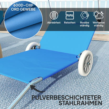 2-Piece Folding Sun Lounger Beach Chairs with Adjustable Backrest Head Pillow Canopy Wheels Light Portable Beach Mat Lounge Chair Outdoor Lounger for Garden, Pool 148 x 62cm