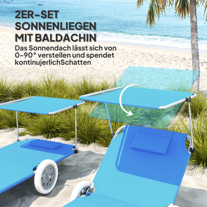 2-Piece Folding Sun Lounger Beach Chairs with Adjustable Backrest Head Pillow Canopy Wheels Light Portable Beach Mat Lounge Chair Outdoor Lounger for Garden, Pool 148 x 62cm