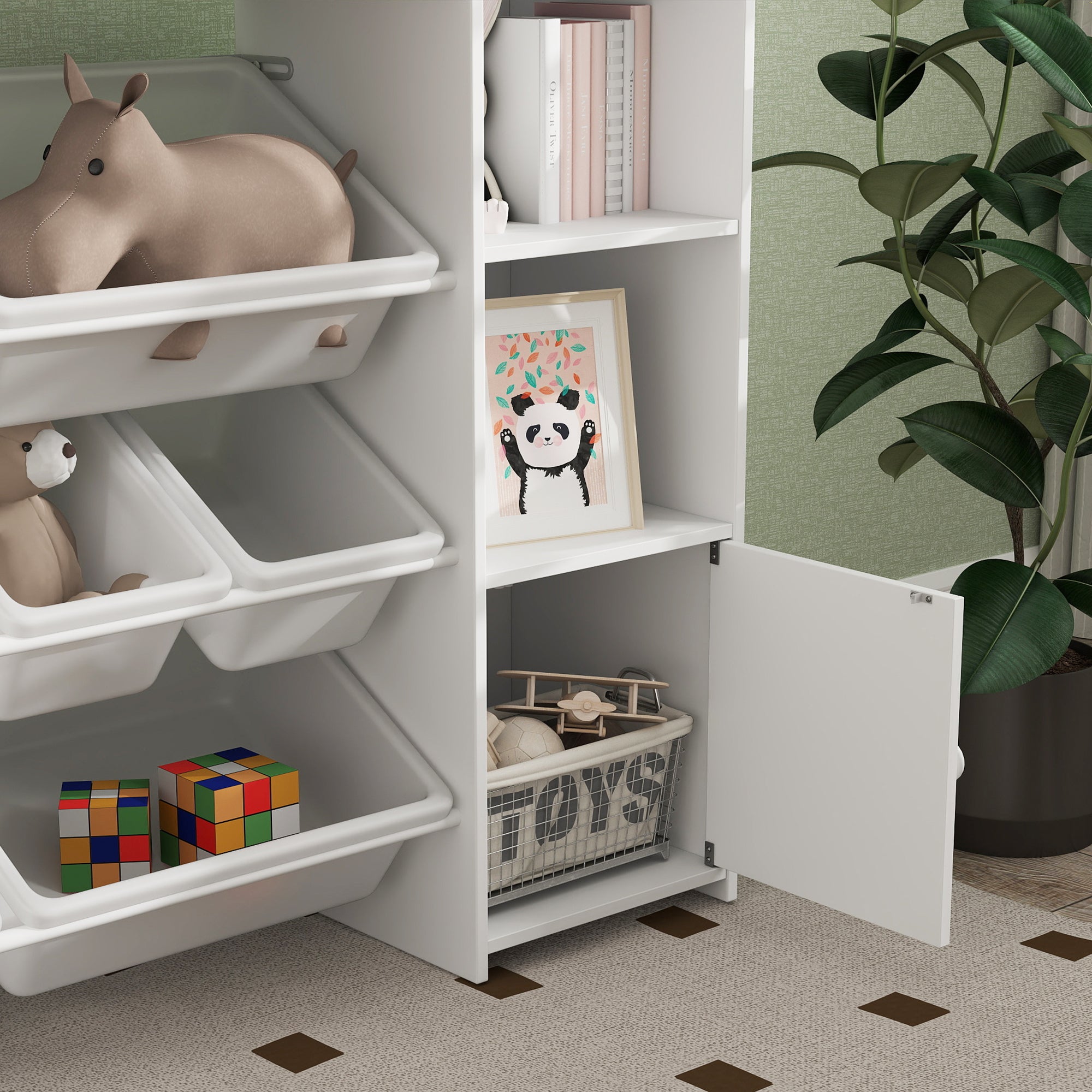 Children's Shelf Toy Shelf with 8 Removable Boxes, 4 Open Compartments, 2 Cupboard Compartment, Children's Bookshelf for Kids Room, Kindergarten, 140 x 30 x 90 cm, White