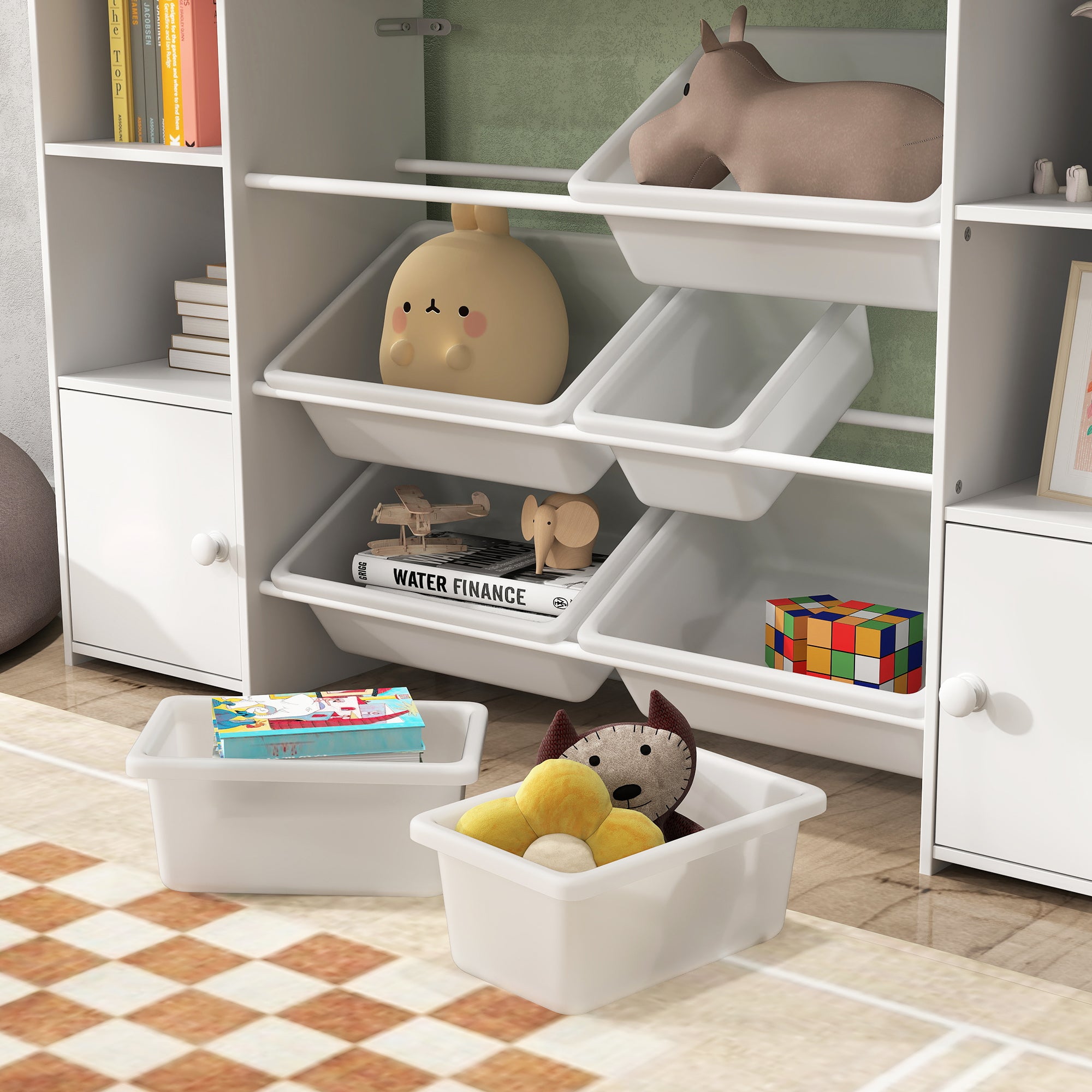 Children's Shelf Toy Shelf with 8 Removable Boxes, 4 Open Compartments, 2 Cupboard Compartment, Children's Bookshelf for Kids Room, Kindergarten, 140 x 30 x 90 cm, White