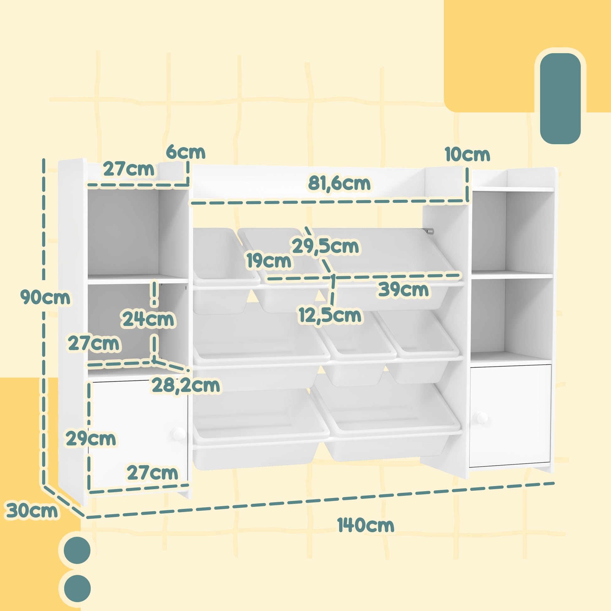 Children's Shelf Toy Shelf with 8 Removable Boxes, 4 Open Compartments, 2 Cupboard Compartment, Children's Bookshelf for Kids Room, Kindergarten, 140 x 30 x 90 cm, White