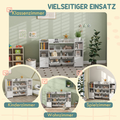 Children's Shelf Toy Shelf with 8 Removable Boxes, 4 Open Compartments, 2 Cupboard Compartment, Children's Bookshelf for Kids Room, Kindergarten, 140 x 30 x 90 cm, White