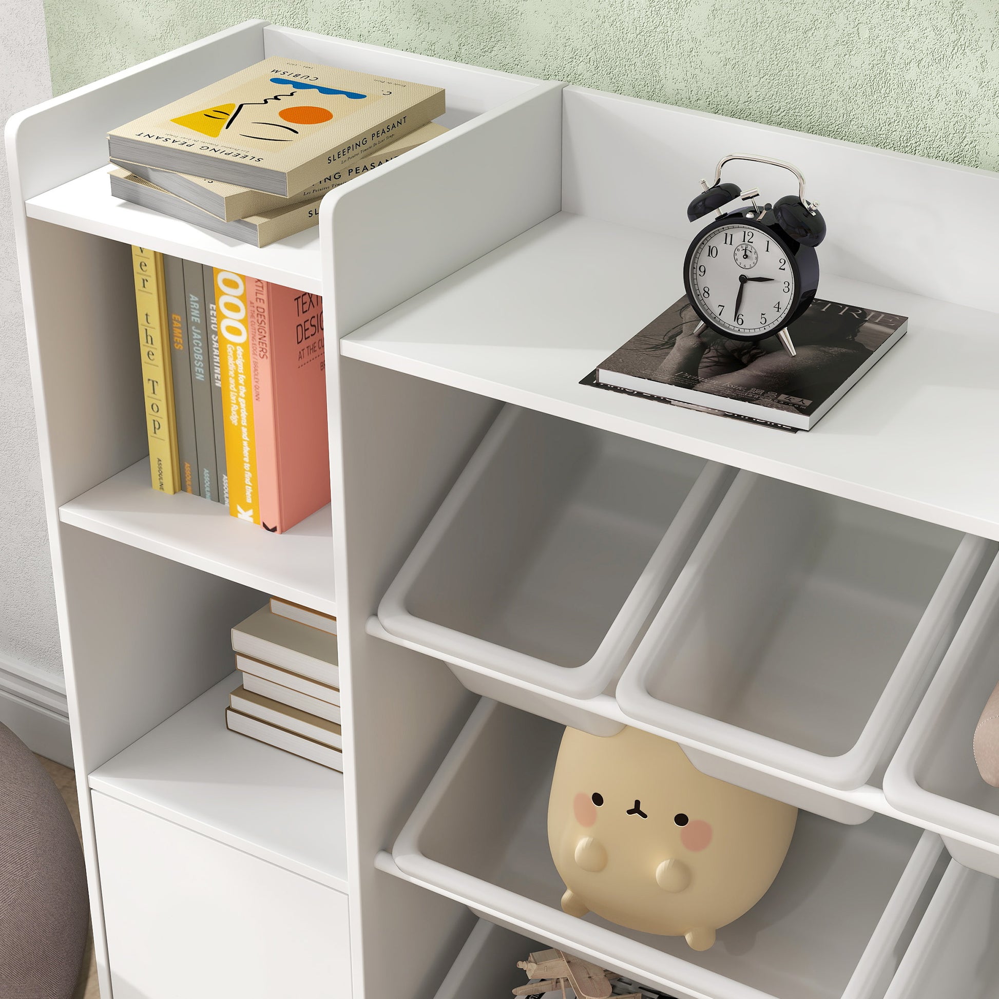 Children's Shelf Toy Shelf with 8 Removable Boxes, 4 Open Compartments, 2 Cupboard Compartment, Children's Bookshelf for Kids Room, Kindergarten, 140 x 30 x 90 cm, White