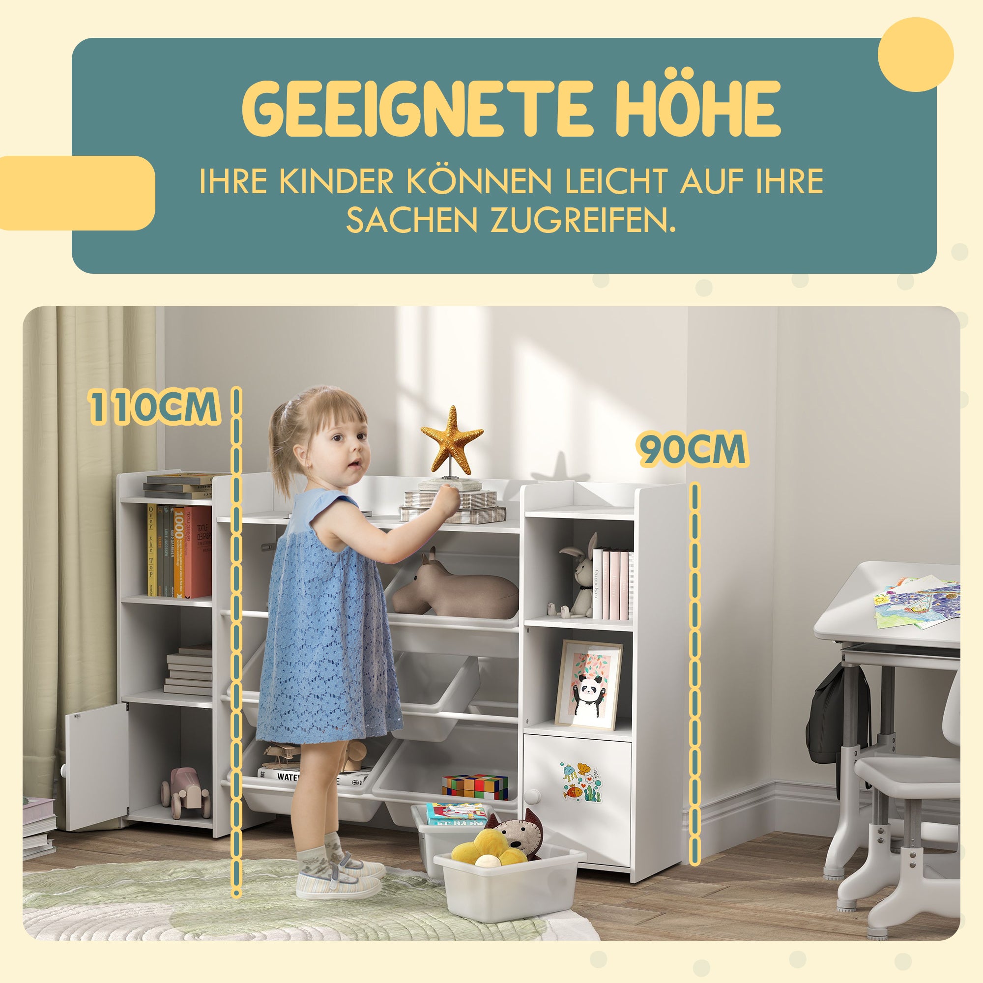 Children's Shelf Toy Shelf with 8 Removable Boxes, 4 Open Compartments, 2 Cupboard Compartment, Children's Bookshelf for Kids Room, Kindergarten, 140 x 30 x 90 cm, White