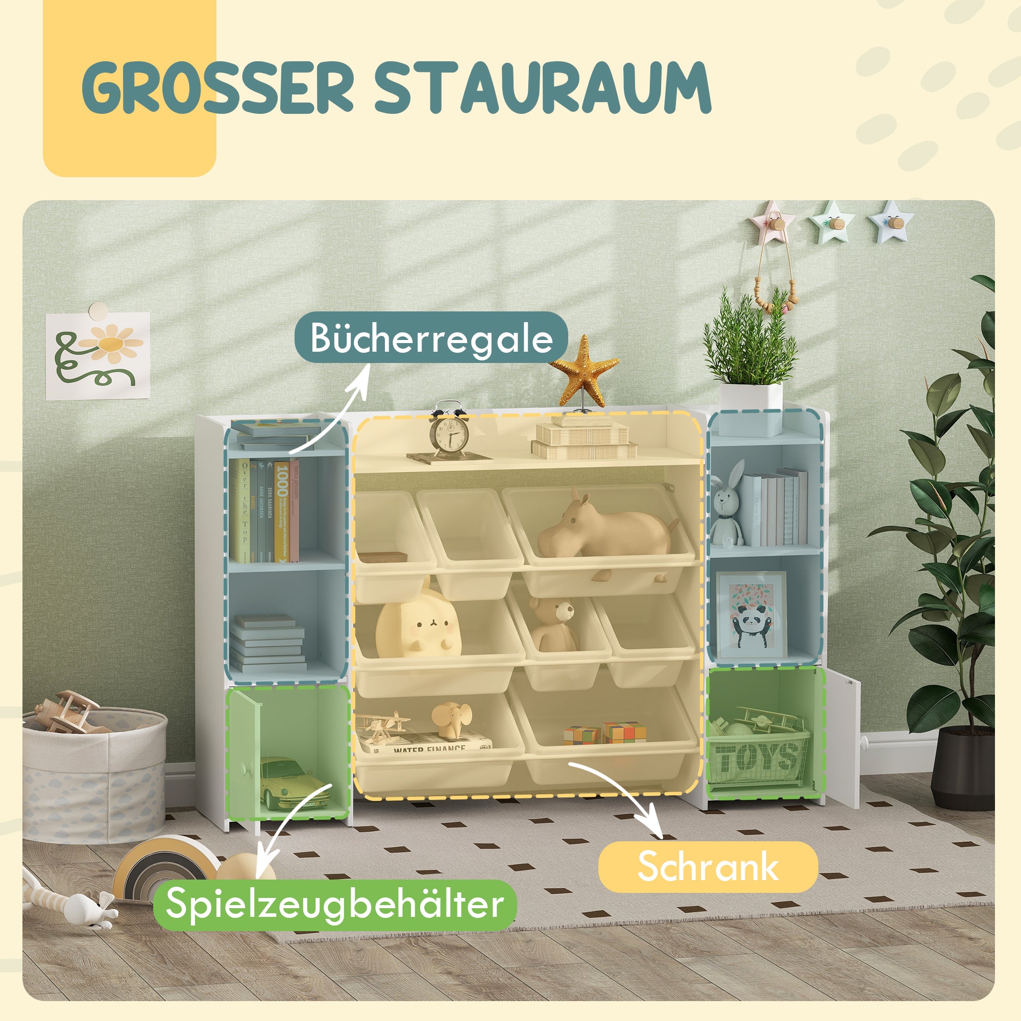 Children's Shelf Toy Shelf with 8 Removable Boxes, 4 Open Compartments, 2 Cupboard Compartment, Children's Bookshelf for Kids Room, Kindergarten, 140 x 30 x 90 cm, White