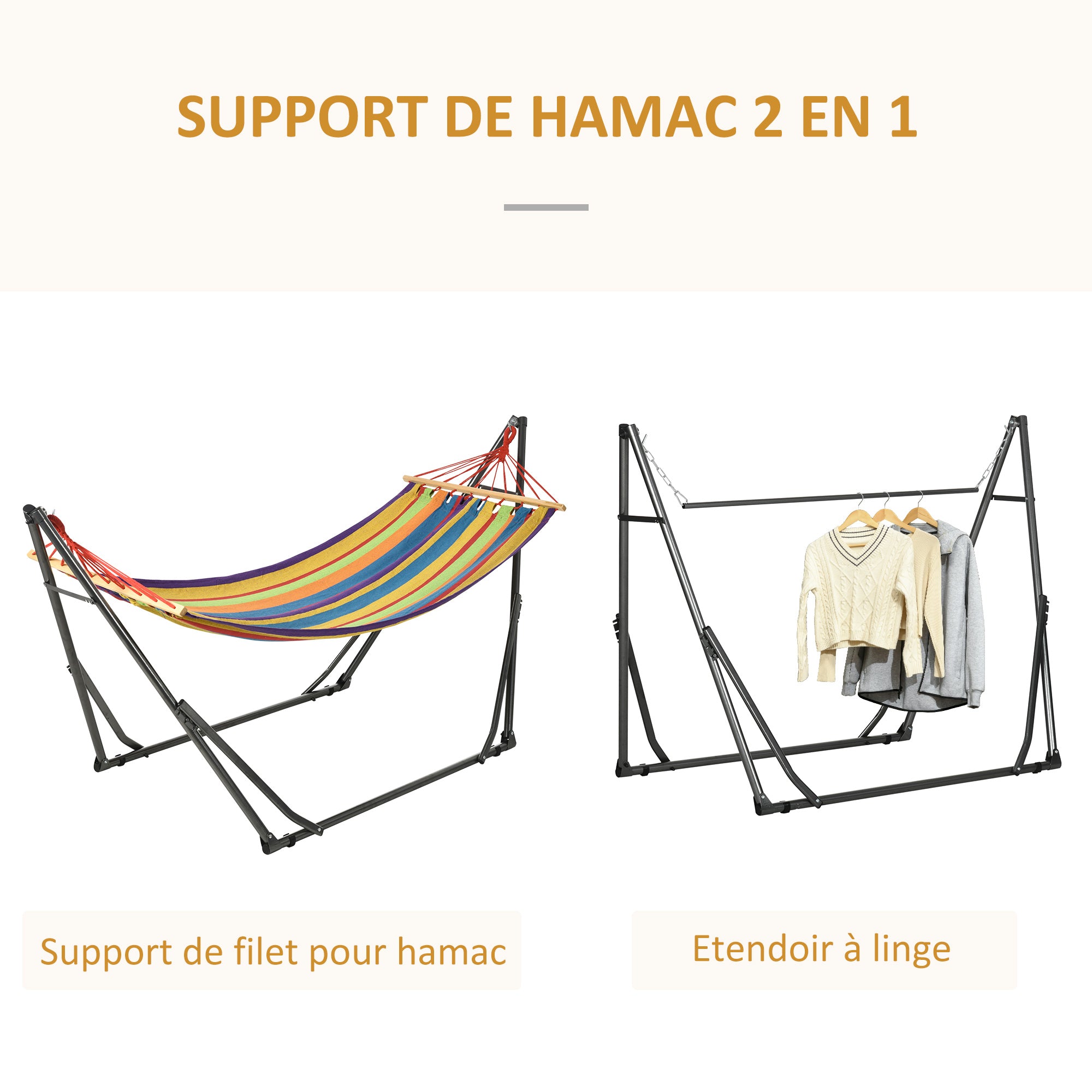 Foldable garden hammock clothesline with curved metal stand epoxy metal hammock stand 1 place max. load 120 kg dim. 270L x 100W x 94Hcm