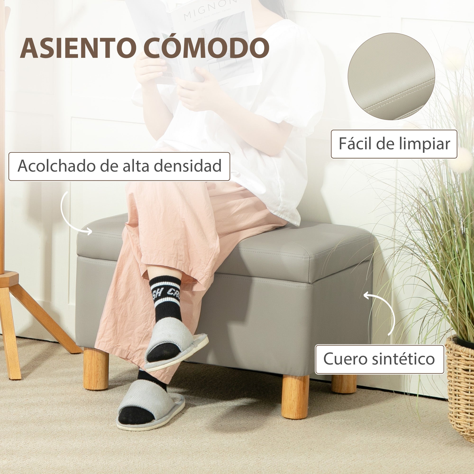 Bedroom Storage Ottoman 33L Upholstered PU Storage Bench with Wooden Legs for Hallway Living Room 60x38x40 cm Light Grey