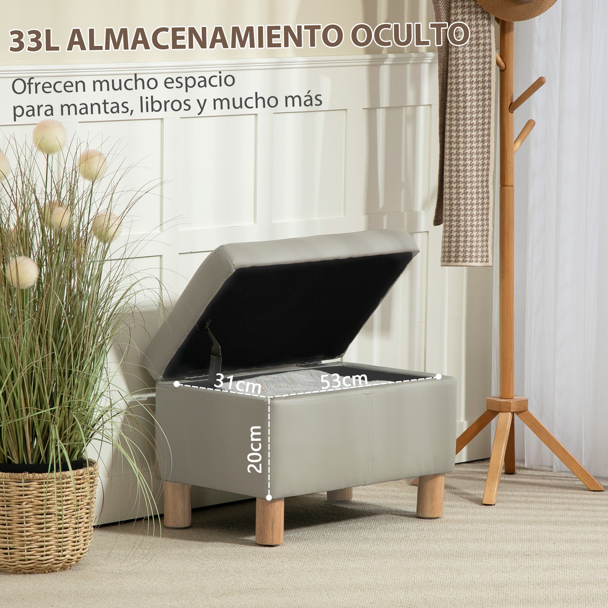 Bedroom Storage Ottoman 33L Upholstered PU Storage Bench with Wooden Legs for Hallway Living Room 60x38x40 cm Light Grey