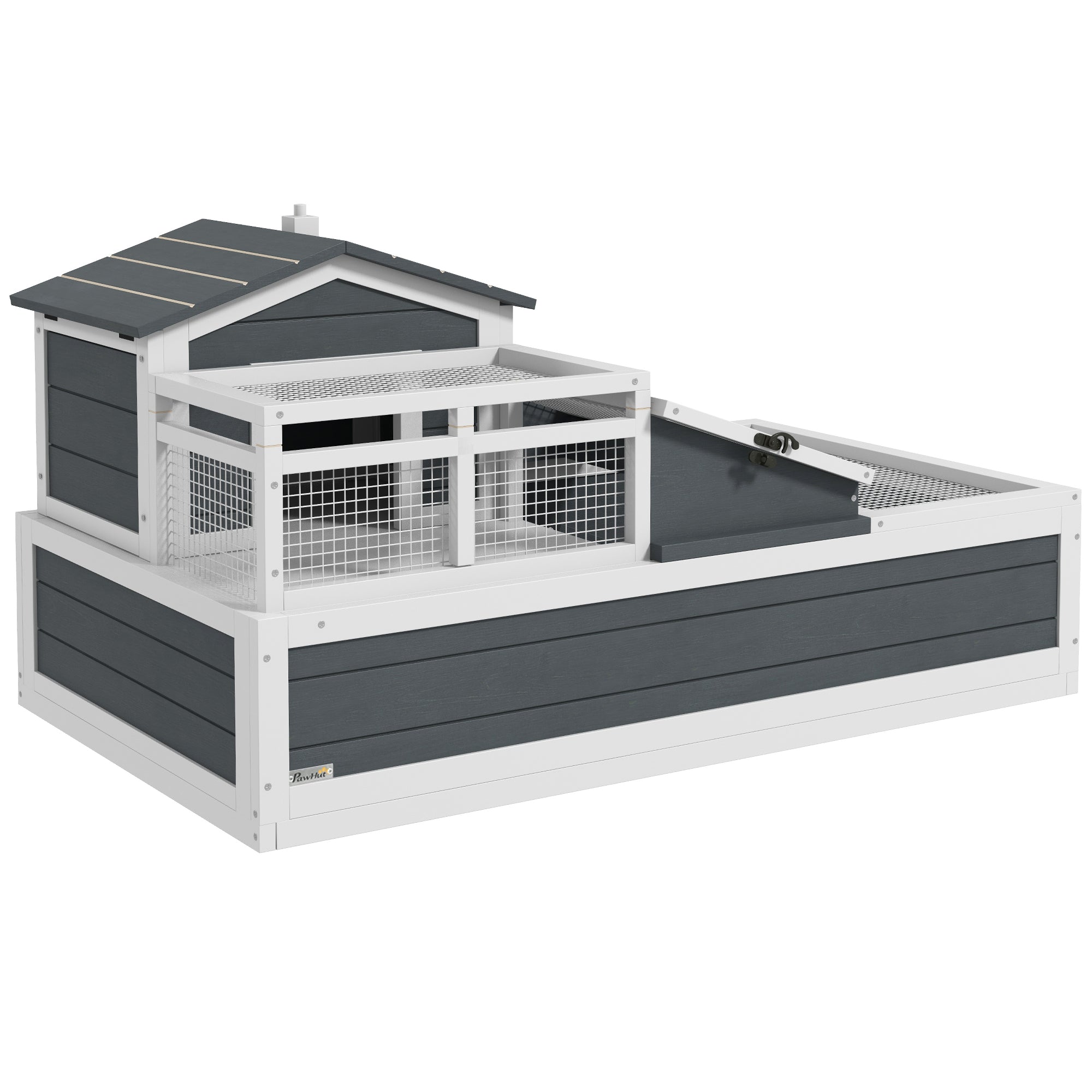 Wooden Turtle House — 2-Level Turtle Enclosure with Balcony, Hinged Roof & Pull-Out Tray, Outdoor Reptile Habitat, Gray