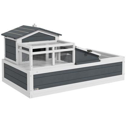 Wooden Turtle House — 2-Level Turtle Enclosure with Balcony, Hinged Roof & Pull-Out Tray, Outdoor Reptile Habitat, Gray