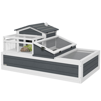 Wooden Turtle House — 2-Level Turtle Enclosure with Balcony, Hinged Roof & Pull-Out Tray, Outdoor Reptile Habitat, Gray