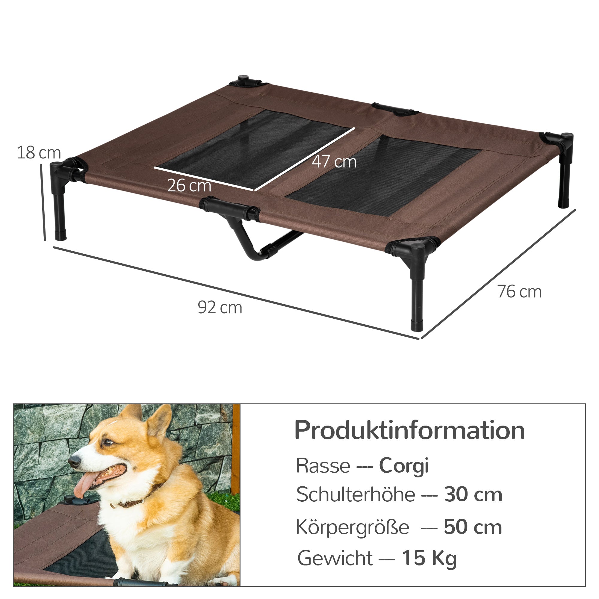 Dog Lounger Outdoor, Cooling Pet Bed for Large Dogs, Elevated Dog Bed Sleeping Place with Robust Metal Frame, Breathable Mesh for Garden Outdoor, 92 x 76 x 18 cm, Coffee-Brown