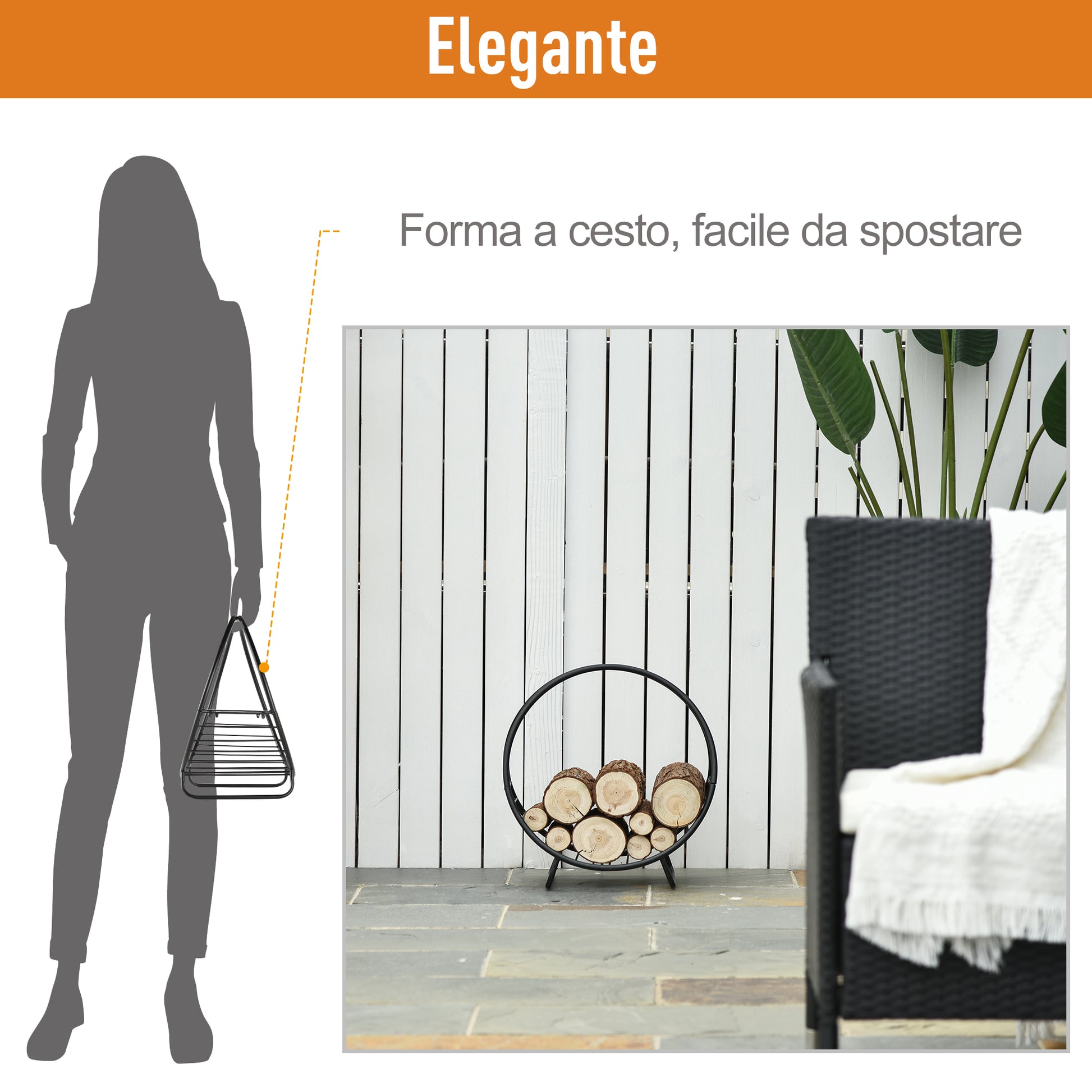 Metal Indoor and Outdoor Log Holder for Fireplace, Basket Shape Wood Holder for Indoor, 45x29.5x47cm, Black