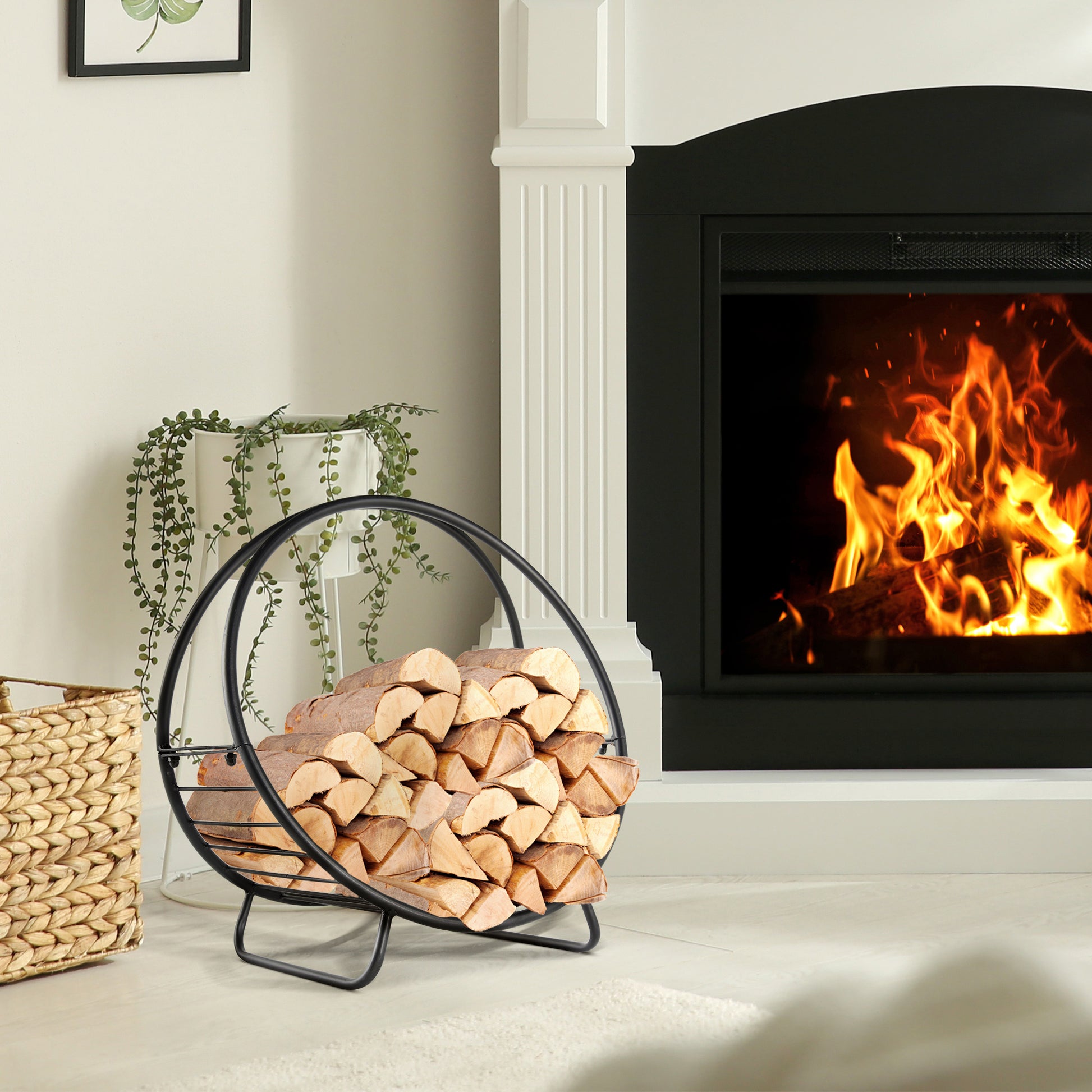 Metal Indoor and Outdoor Log Holder for Fireplace, Basket Shape Wood Holder for Indoor, 45x29.5x47cm, Black