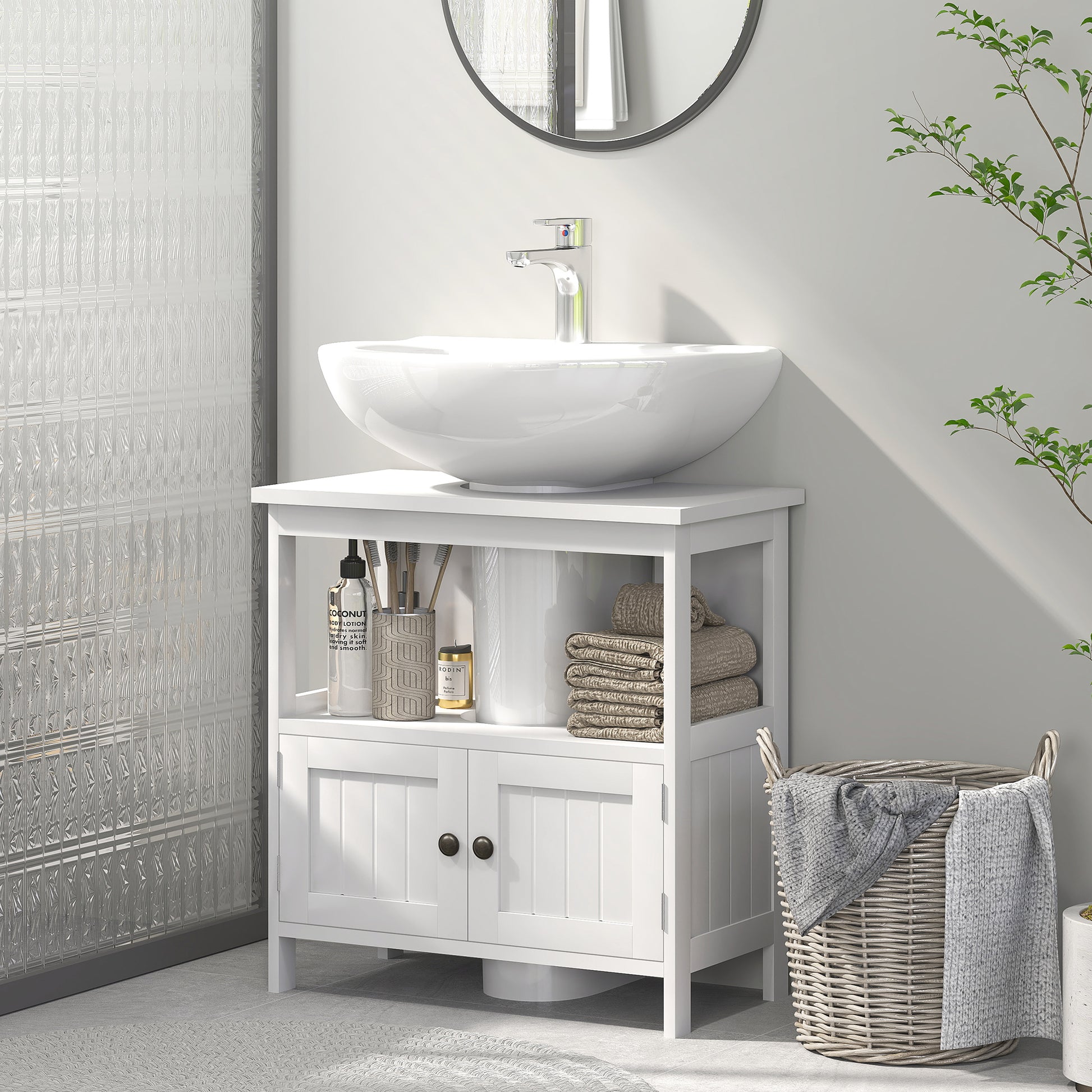 Under Sink Cabinet with 2 Doors and Open Shelf Modern Design Load Capacity 30 kg 60x30x60 cm White