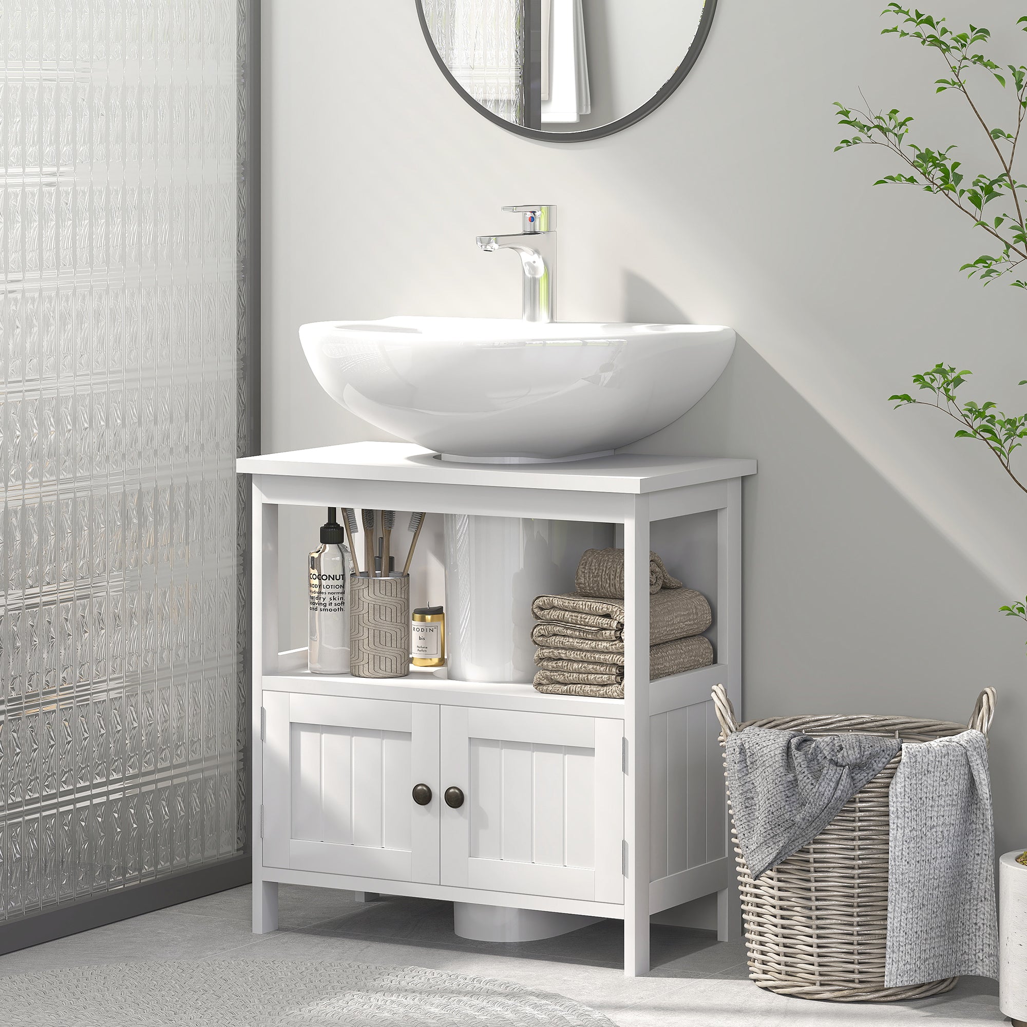 Under Sink Cabinet with 2 Doors and Open Shelf Modern Design Load Capacity 30 kg 60x30x60 cm White