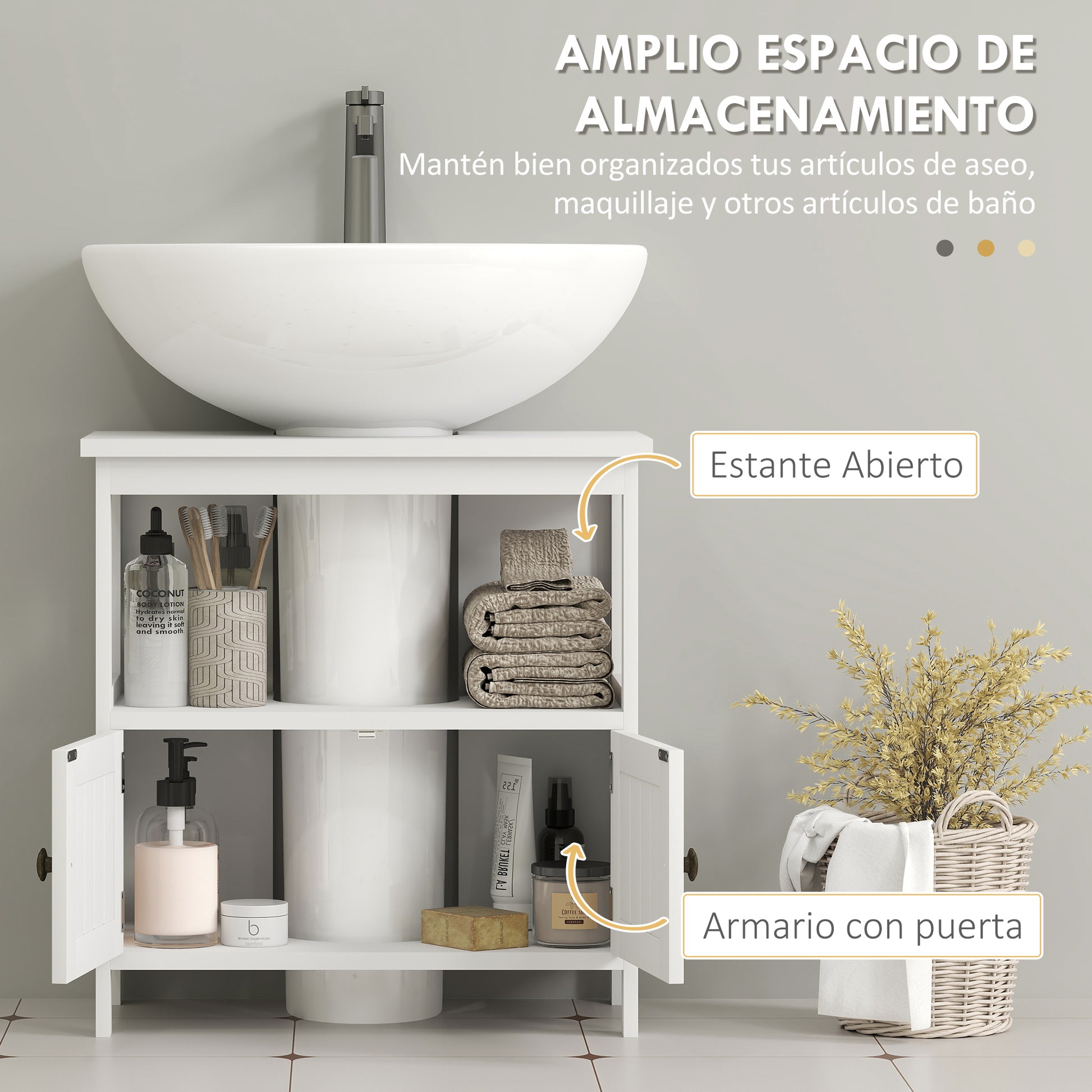 Under Sink Cabinet with 2 Doors and Open Shelf Modern Design Load Capacity 30 kg 60x30x60 cm White