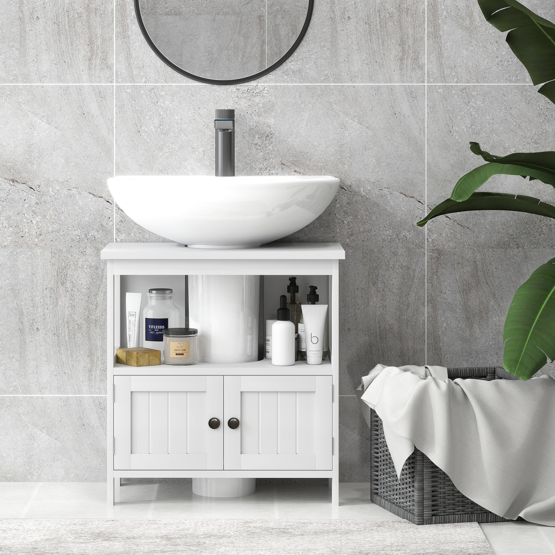 Under Sink Cabinet with 2 Doors and Open Shelf Modern Design Load Capacity 30 kg 60x30x60 cm White