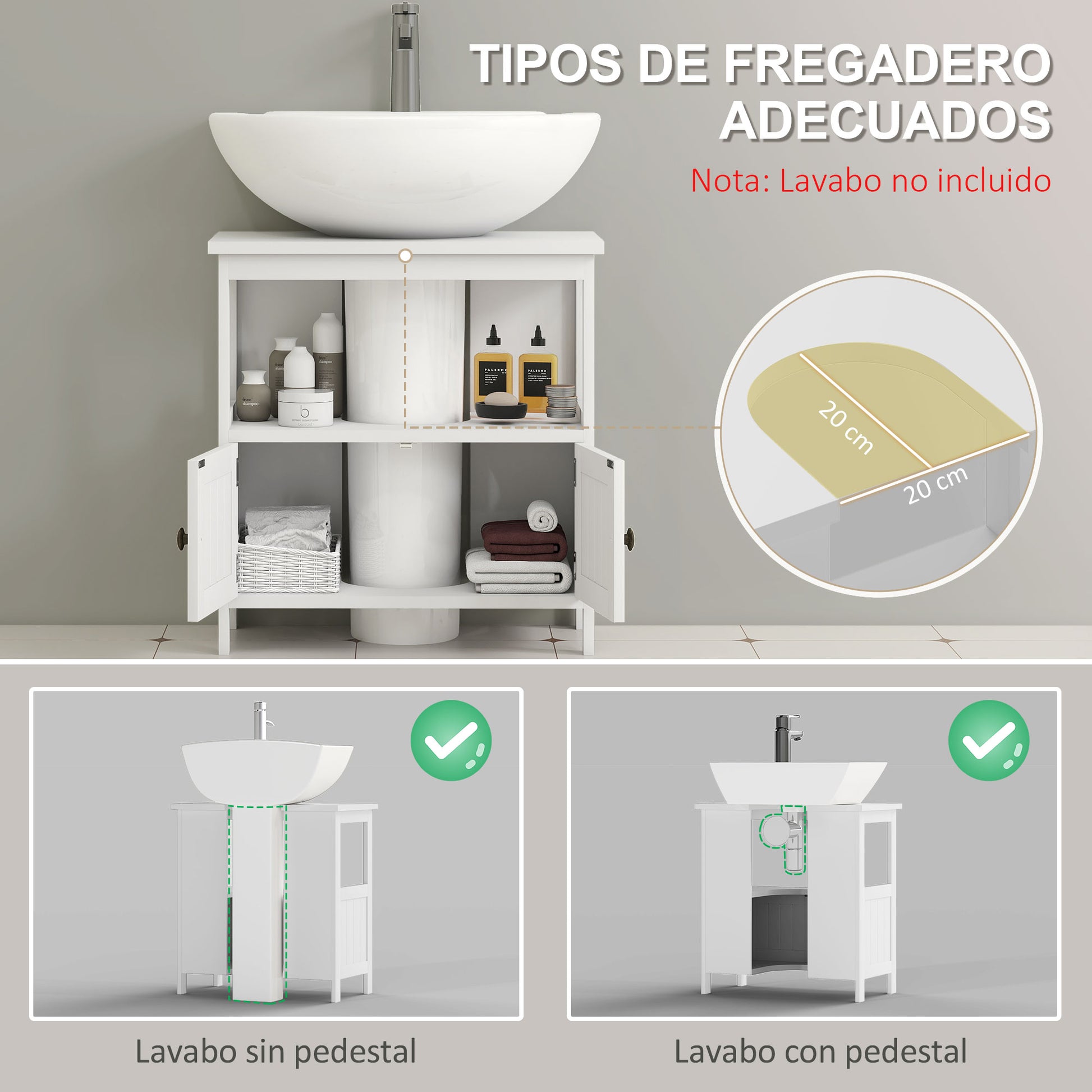 Under Sink Cabinet with 2 Doors and Open Shelf Modern Design Load Capacity 30 kg 60x30x60 cm White