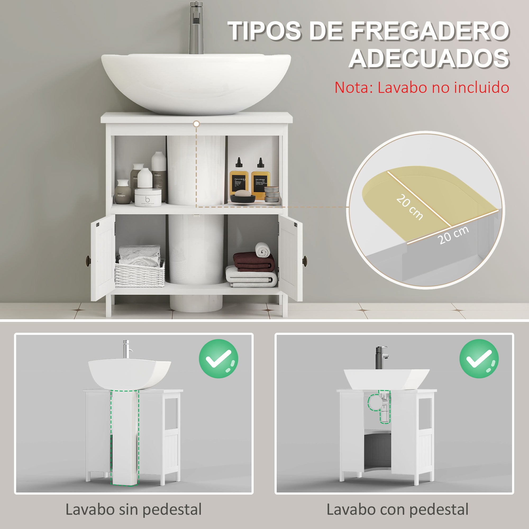 Under Sink Cabinet with 2 Doors and Open Shelf Modern Design Load Capacity 30 kg 60x30x60 cm White