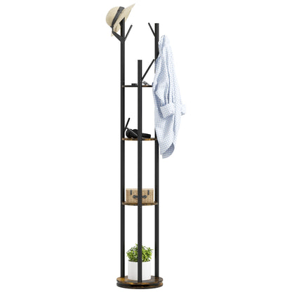 Rotating Freestanding Coat Rack with 8 Hooks and 4 Shelves, Industrial Coat Stand for Entryway and Bedroom, Ø30x175cm, Rustic Brown