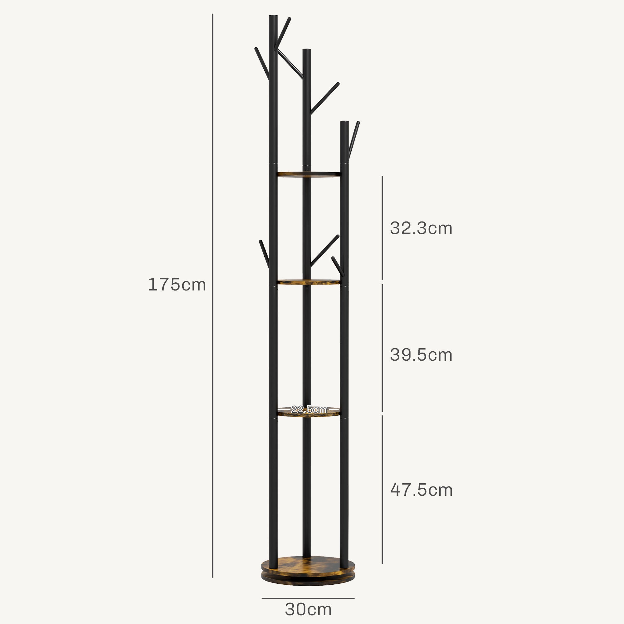 Rotating Freestanding Coat Rack with 8 Hooks and 4 Shelves, Industrial Coat Stand for Entryway and Bedroom, Ø30x175cm, Rustic Brown