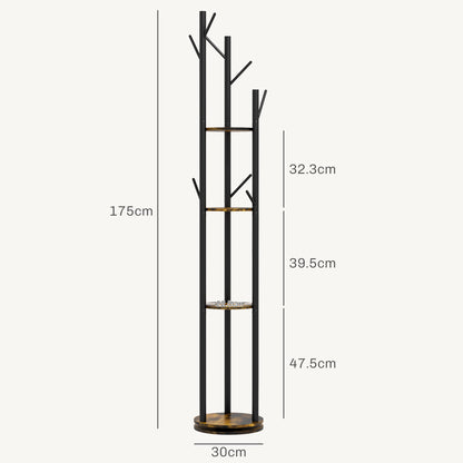 Rotating Freestanding Coat Rack with 8 Hooks and 4 Shelves, Industrial Coat Stand for Entryway and Bedroom, Ø30x175cm, Rustic Brown