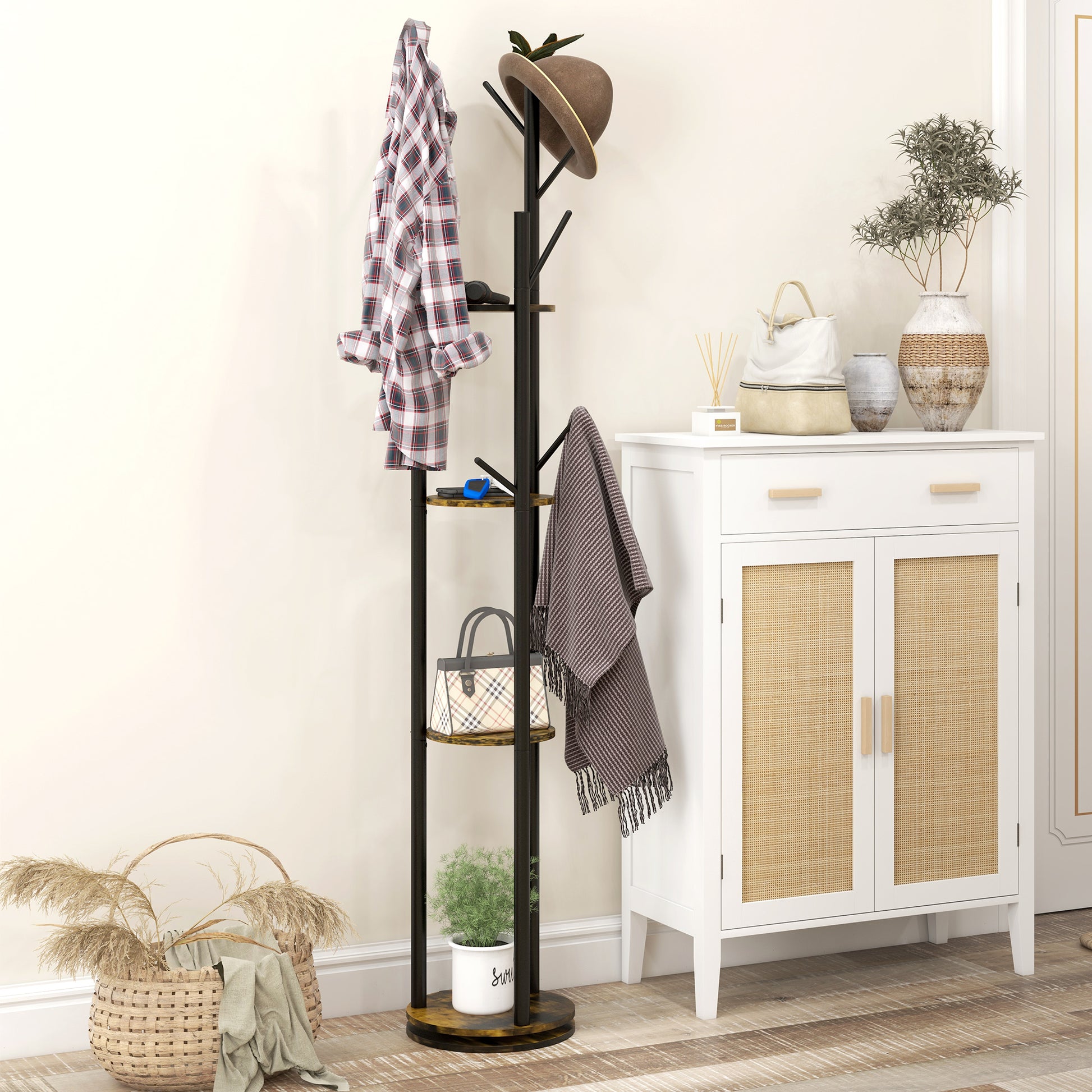 Rotating Freestanding Coat Rack with 8 Hooks and 4 Shelves, Industrial Coat Stand for Entryway and Bedroom, Ø30x175cm, Rustic Brown