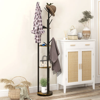 Rotating Freestanding Coat Rack with 8 Hooks and 4 Shelves, Industrial Coat Stand for Entryway and Bedroom, Ø30x175cm, Rustic Brown