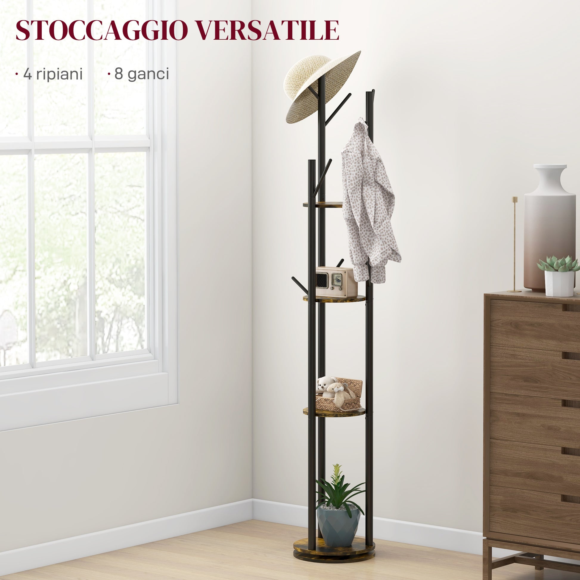 Rotating Freestanding Coat Rack with 8 Hooks and 4 Shelves, Industrial Coat Stand for Entryway and Bedroom, Ø30x175cm, Rustic Brown