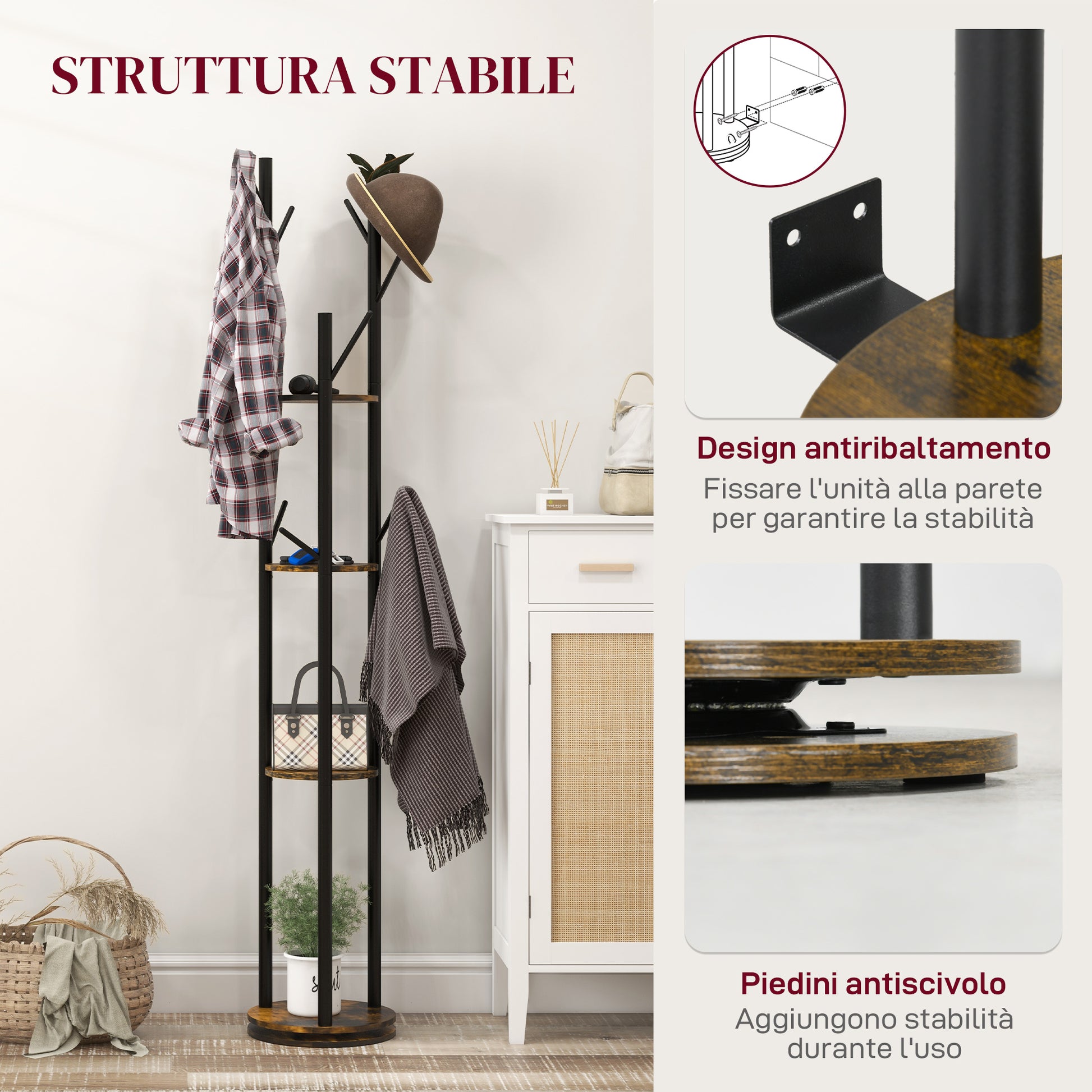 Rotating Freestanding Coat Rack with 8 Hooks and 4 Shelves, Industrial Coat Stand for Entryway and Bedroom, Ø30x175cm, Rustic Brown