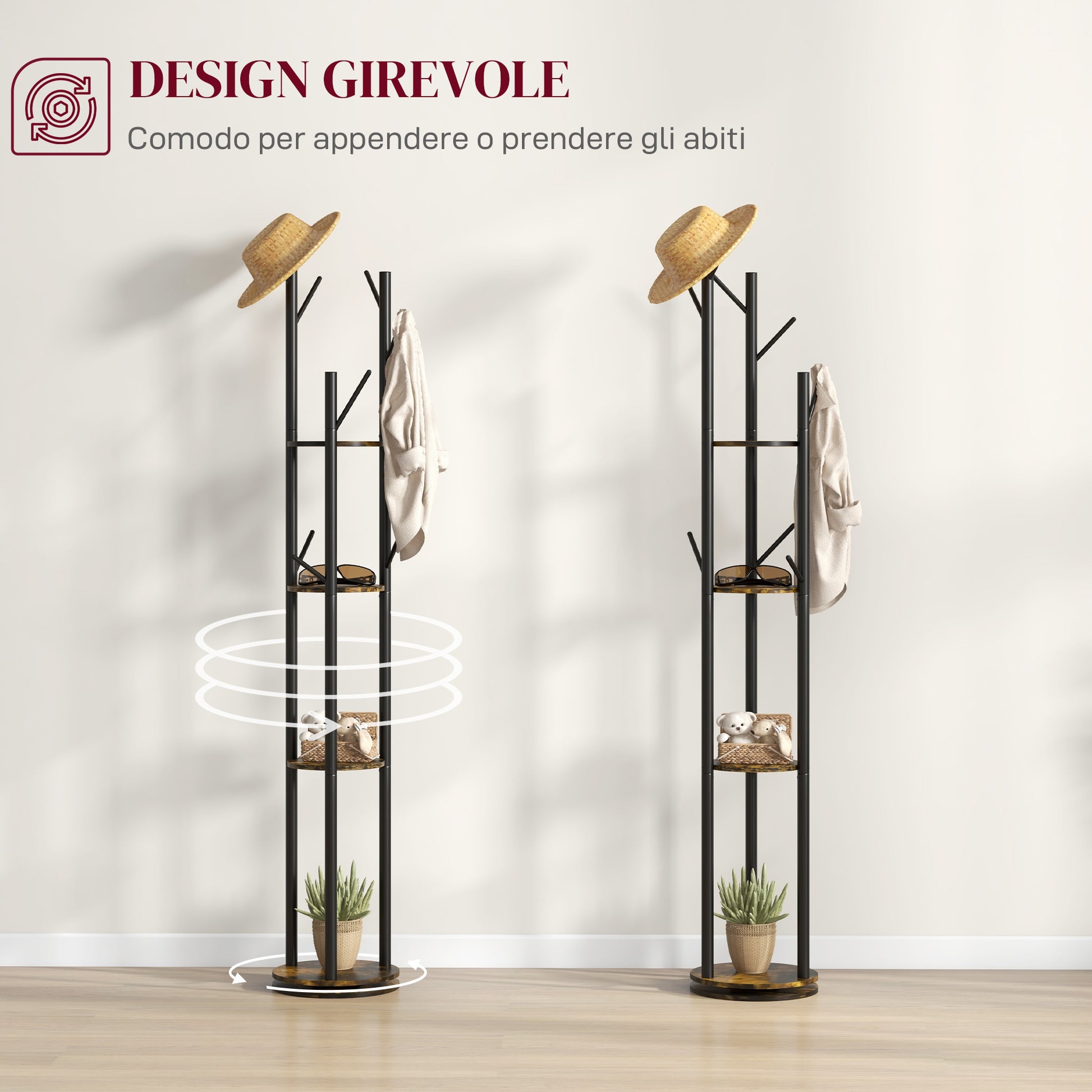 Rotating Freestanding Coat Rack with 8 Hooks and 4 Shelves, Industrial Coat Stand for Entryway and Bedroom, Ø30x175cm, Rustic Brown