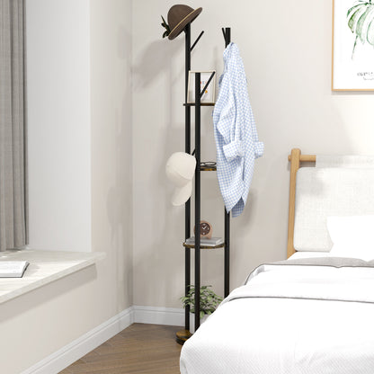 Rotating Freestanding Coat Rack with 8 Hooks and 4 Shelves, Industrial Coat Stand for Entryway and Bedroom, Ø30x175cm, Rustic Brown