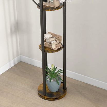 Rotating Freestanding Coat Rack with 8 Hooks and 4 Shelves, Industrial Coat Stand for Entryway and Bedroom, Ø30x175cm, Rustic Brown