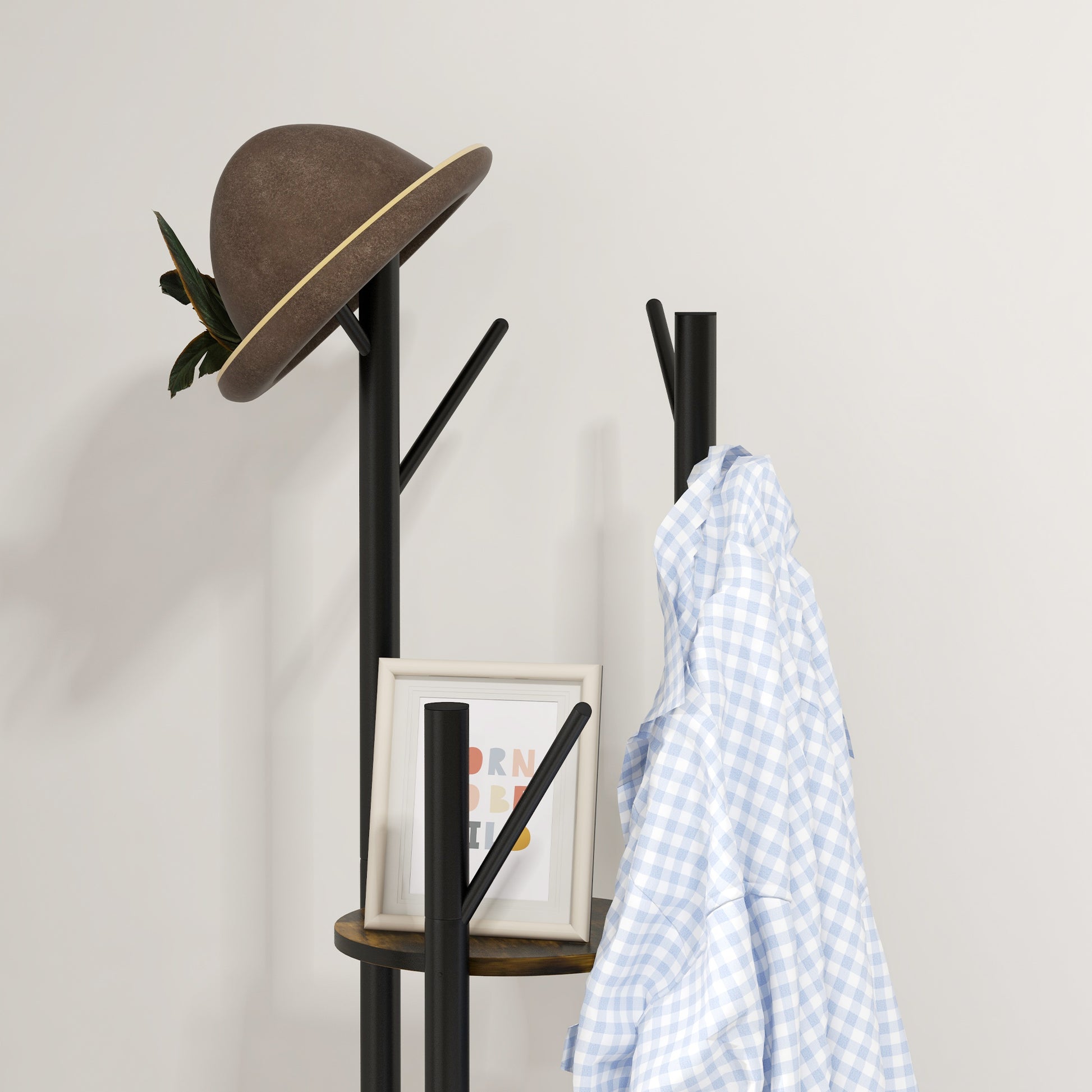 Rotating Freestanding Coat Rack with 8 Hooks and 4 Shelves, Industrial Coat Stand for Entryway and Bedroom, Ø30x175cm, Rustic Brown