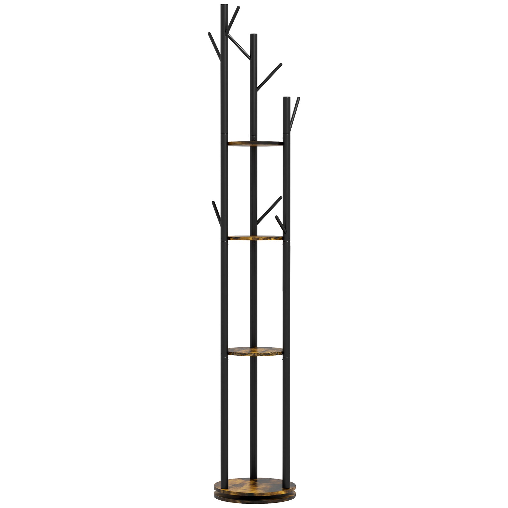 Rotating Freestanding Coat Rack with 8 Hooks and 4 Shelves, Industrial Coat Stand for Entryway and Bedroom, Ø30x175cm, Rustic Brown