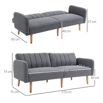 Sleeper Sofa, 2 Seater Sofa with Sleeper Function, Adjustable Backrest, Thickly Padded Couch, Armrest, Daybed with Wood Legs for Living Room, Guest Room, 173 x 75 x 73 cm, Gray