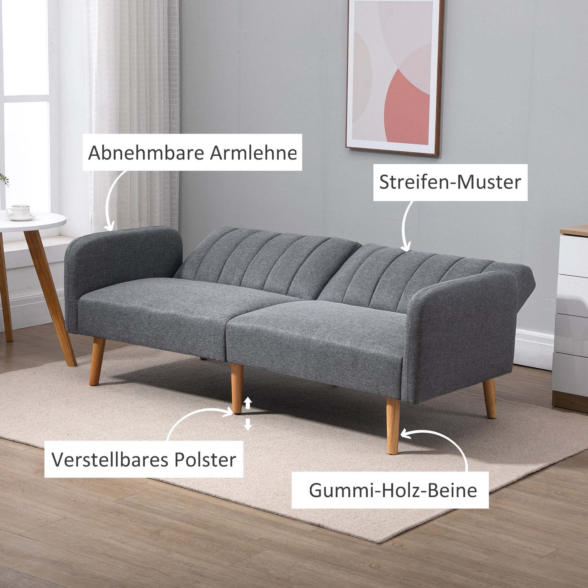 Sleeper Sofa, 2 Seater Sofa with Sleeper Function, Adjustable Backrest, Thickly Padded Couch, Armrest, Daybed with Wood Legs for Living Room, Guest Room, 173 x 75 x 73 cm, Gray
