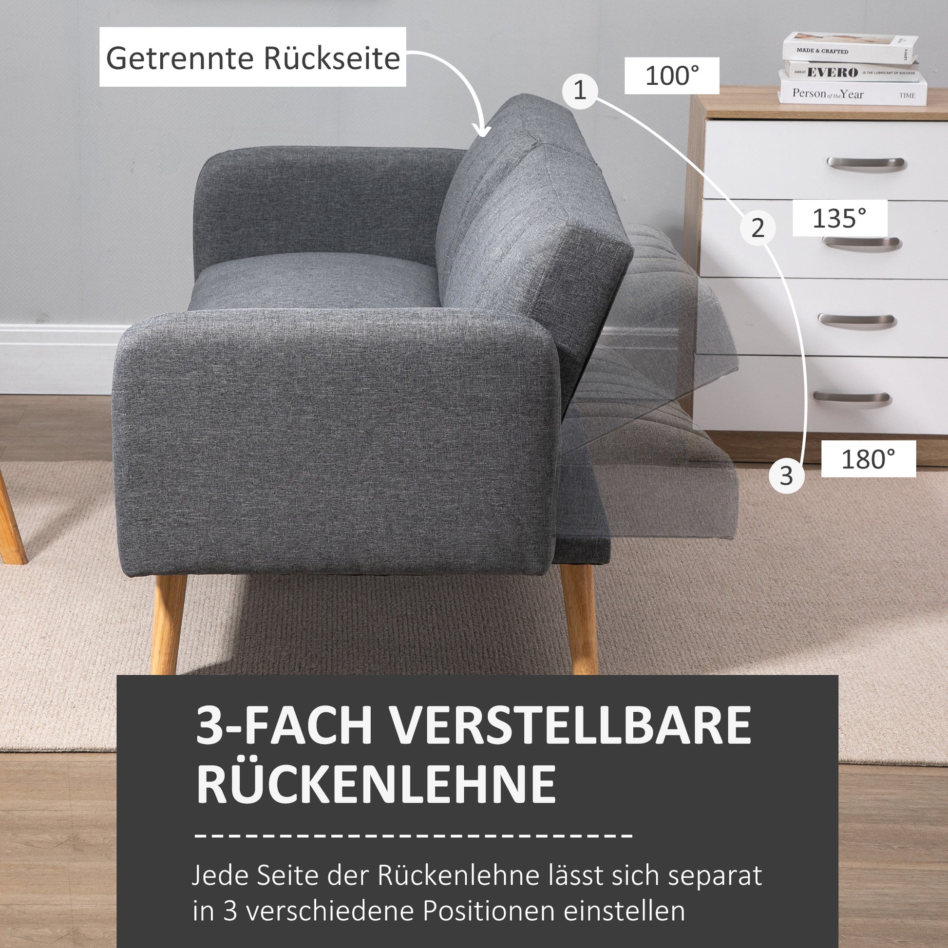 Sleeper Sofa, 2 Seater Sofa with Sleeper Function, Adjustable Backrest, Thickly Padded Couch, Armrest, Daybed with Wood Legs for Living Room, Guest Room, 173 x 75 x 73 cm, Gray