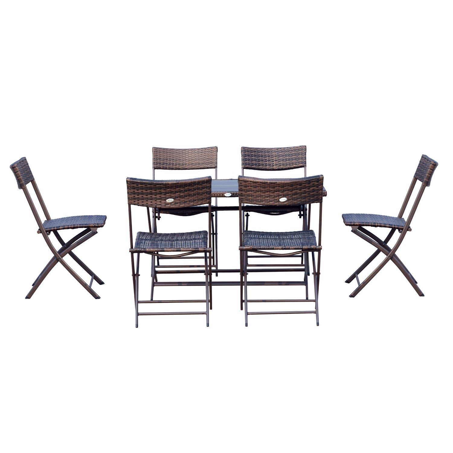 Folding Garden Furniture Set 7-Piece Rattan Garden Furniture Set Table and 6 Chairs for Outdoor Patio Terrace Steel Brown