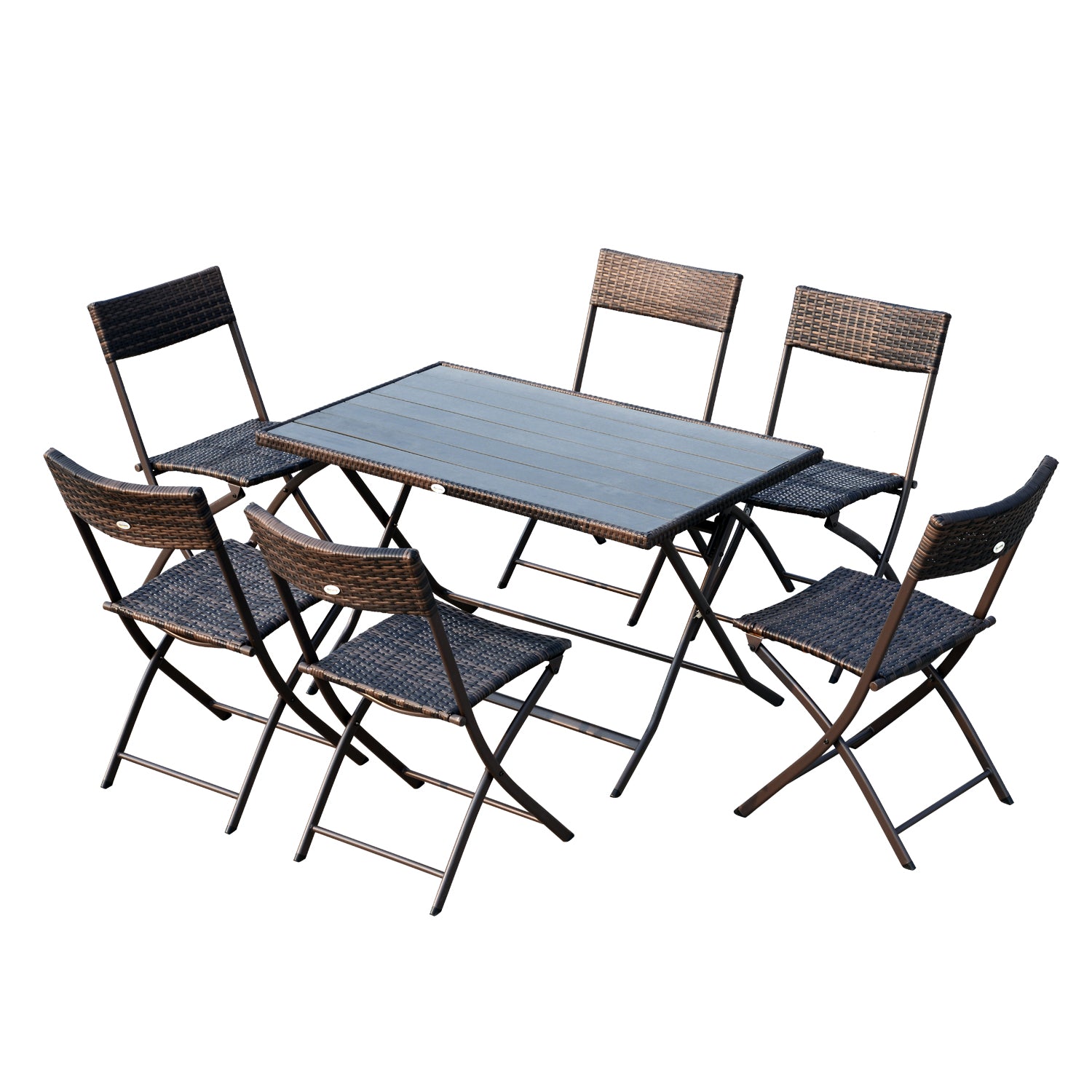 Folding Garden Furniture Set 7-Piece Rattan Garden Furniture Set Table and 6 Chairs for Outdoor Patio Terrace Steel Brown