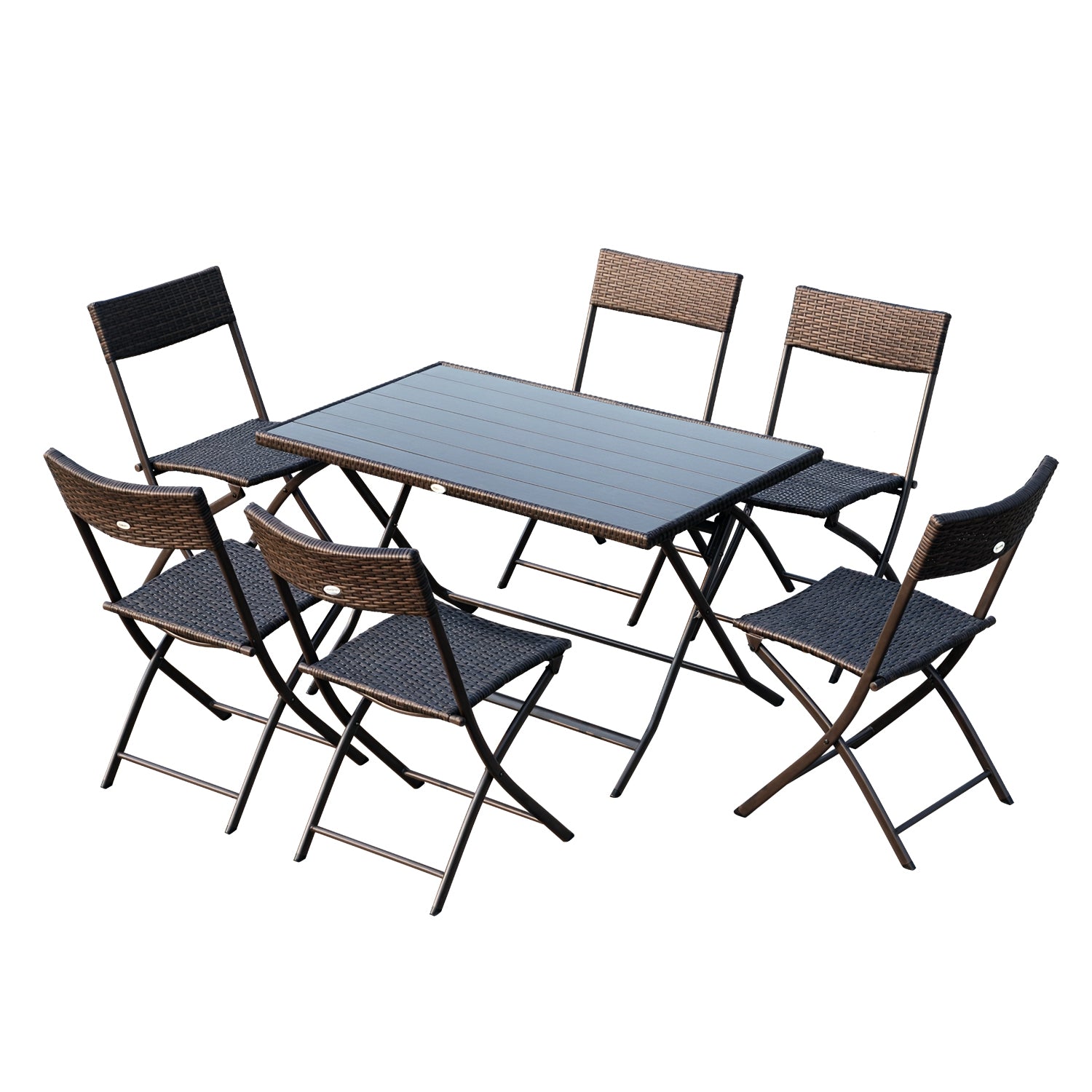 Folding Garden Furniture Set 7-Piece Rattan Garden Furniture Set Table and 6 Chairs for Outdoor Patio Terrace Steel Brown